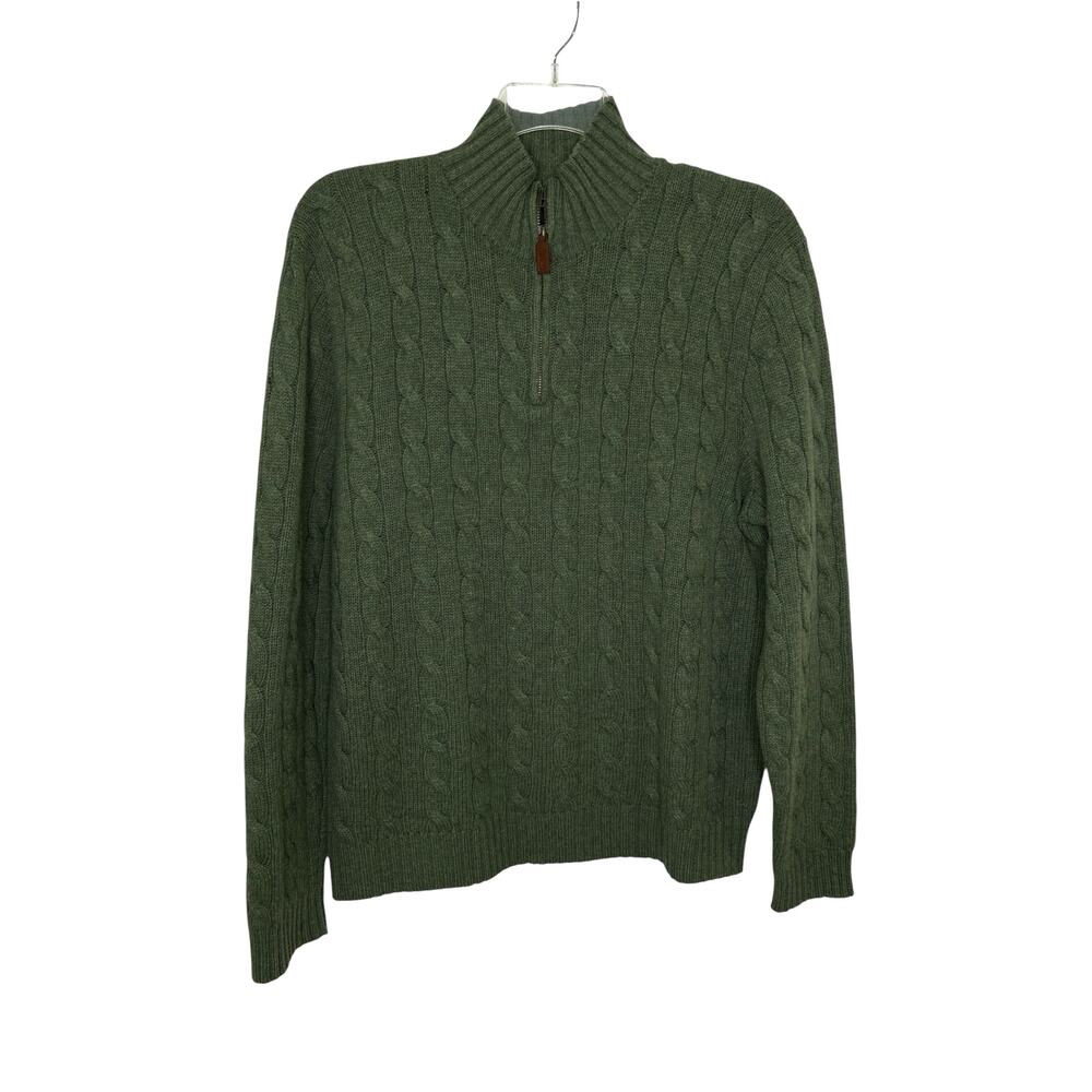 Polo Ralph Lauren Green Quarter Zip 100% Lambs Wool Cable Knit Mock Neck Sweater